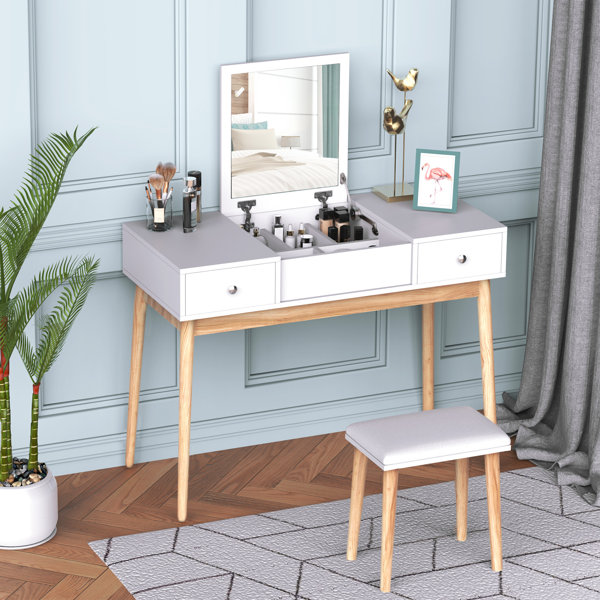 Oliver Dressing Table Set With Flip Top Mirror And Cushioned